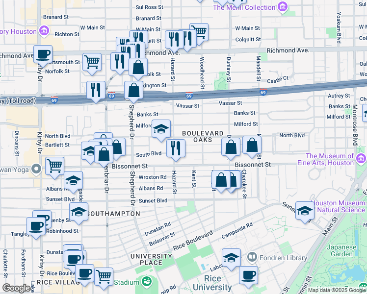 map of restaurants, bars, coffee shops, grocery stores, and more near 1920 South Boulevard in Houston