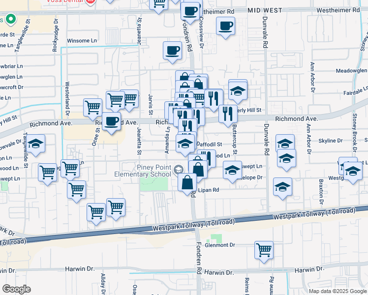 map of restaurants, bars, coffee shops, grocery stores, and more near 8914 Bellflower Street in Houston
