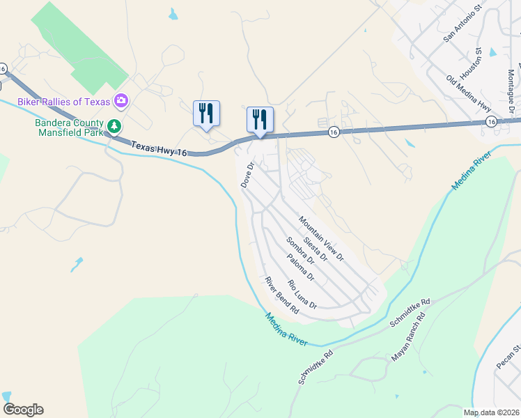 map of restaurants, bars, coffee shops, grocery stores, and more near 406 River Bend Road in Bandera