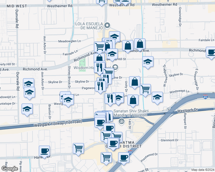 map of restaurants, bars, coffee shops, grocery stores, and more near 3515 Hillcroft Street in Houston