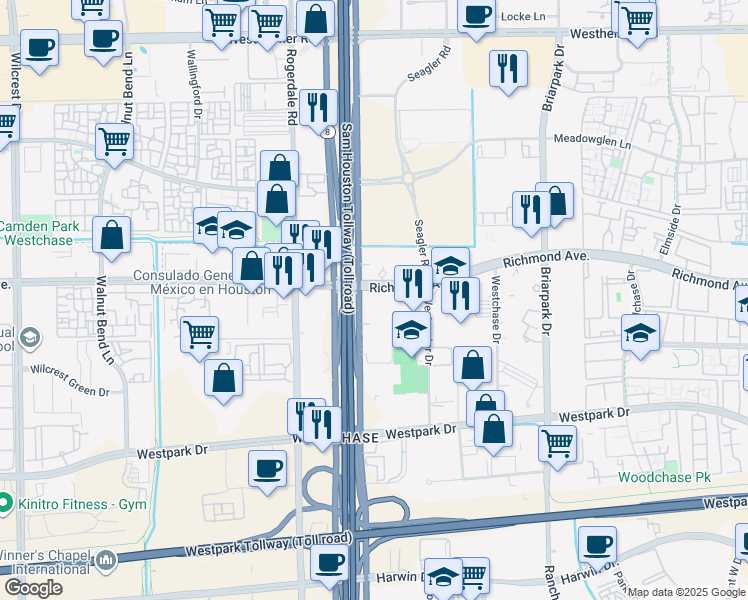 map of restaurants, bars, coffee shops, grocery stores, and more near 10375 Richmond Avenue in Houston
