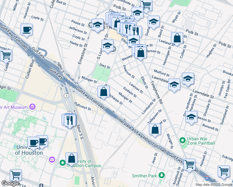 map of restaurants, bars, coffee shops, grocery stores, and more near 1442 Munger Street in Houston