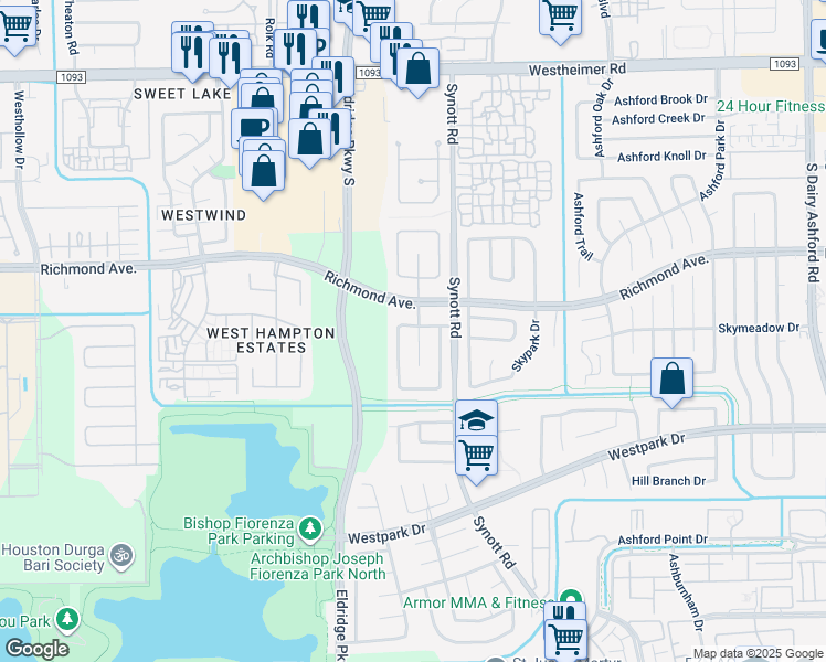 map of restaurants, bars, coffee shops, grocery stores, and more near 3002 Hazel Park Drive in Houston