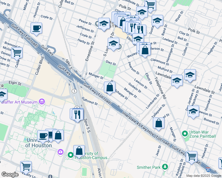 map of restaurants, bars, coffee shops, grocery stores, and more near 1402 Scharpe Street in Houston