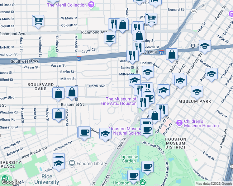 map of restaurants, bars, coffee shops, grocery stores, and more near 1208 Berthea Street in Houston