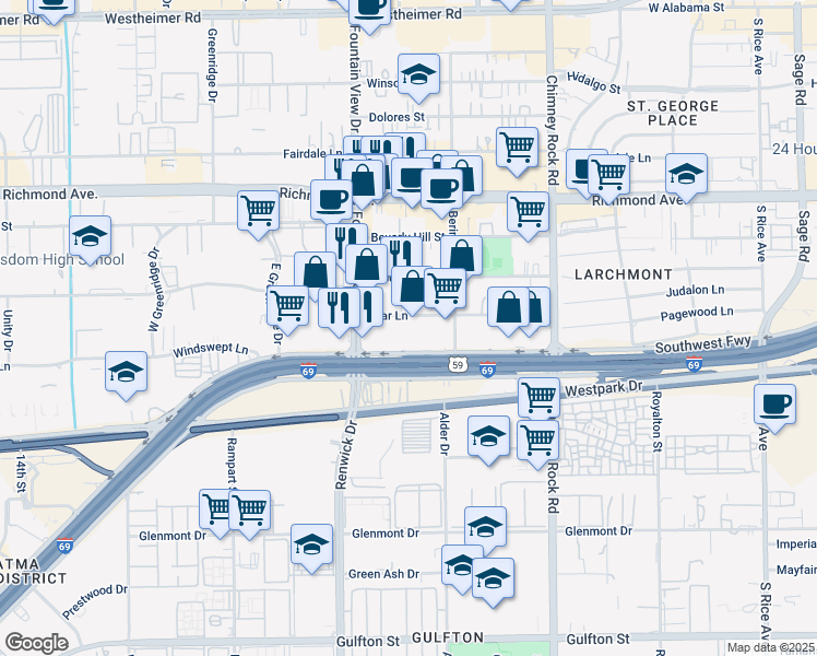 map of restaurants, bars, coffee shops, grocery stores, and more near 5907 Star Lane in Houston