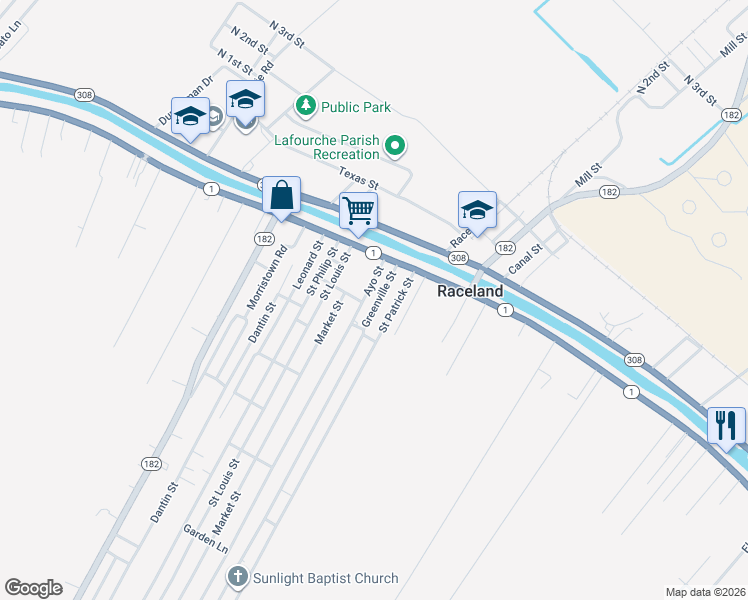 map of restaurants, bars, coffee shops, grocery stores, and more near 152 Greenville Street in Raceland