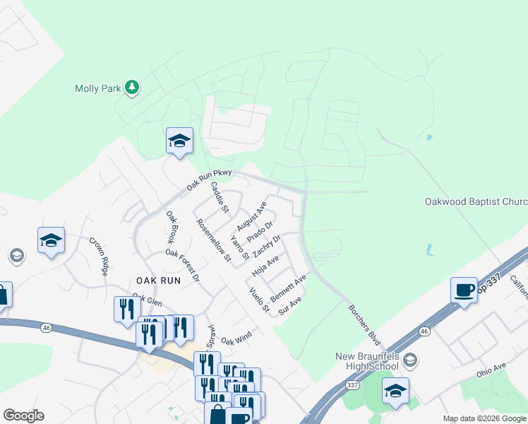 map of restaurants, bars, coffee shops, grocery stores, and more near 2179 Texas Avenue in New Braunfels