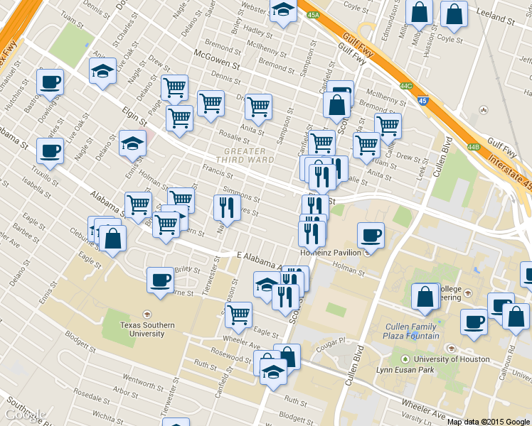 map of restaurants, bars, coffee shops, grocery stores, and more near 3413 Reeves Street in Houston