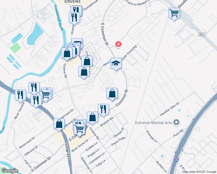 map of restaurants, bars, coffee shops, grocery stores, and more near 715 Village Way in New Braunfels