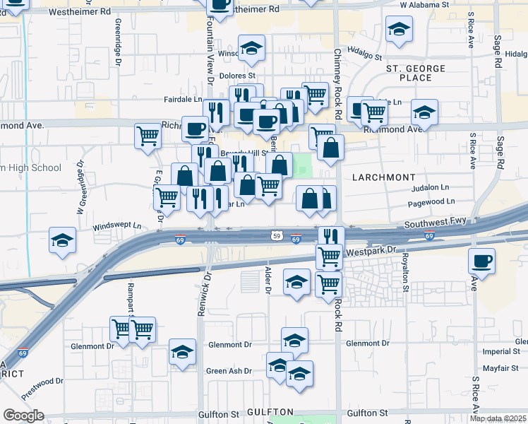 map of restaurants, bars, coffee shops, grocery stores, and more near 5807 Star Lane in Houston
