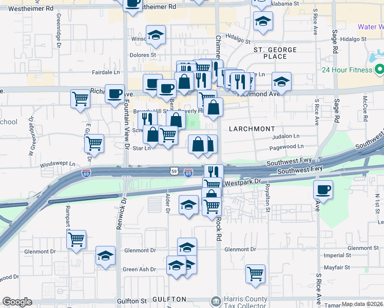map of restaurants, bars, coffee shops, grocery stores, and more near 5625 Star Lane in Houston