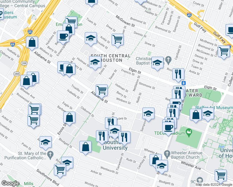 map of restaurants, bars, coffee shops, grocery stores, and more near 3225 Winbern Street in Houston