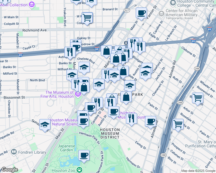 map of restaurants, bars, coffee shops, grocery stores, and more near 5253 Fannin Street in Houston