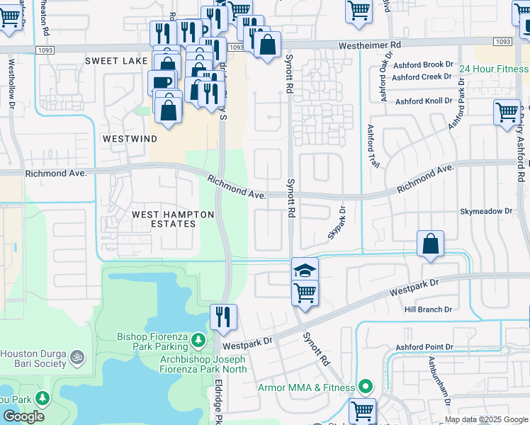 map of restaurants, bars, coffee shops, grocery stores, and more near 3002 Hazel Park Drive in Houston