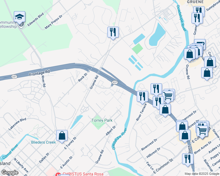 map of restaurants, bars, coffee shops, grocery stores, and more near 1355 Ranch Parkway in New Braunfels