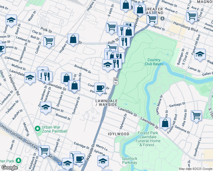 map of restaurants, bars, coffee shops, grocery stores, and more near 6519 Country Club Drive in Houston