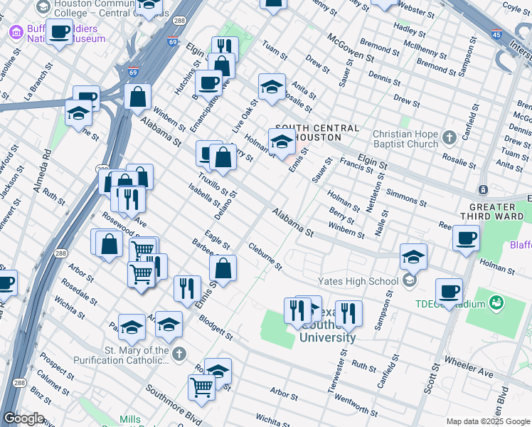 map of restaurants, bars, coffee shops, grocery stores, and more near 3016 Alabama Street in Houston