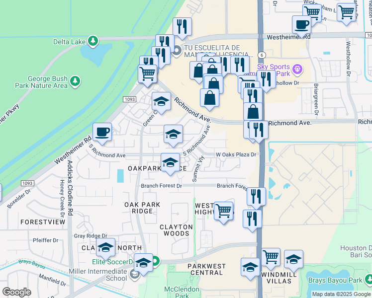 map of restaurants, bars, coffee shops, grocery stores, and more near 14863 South Richmond Avenue in Houston