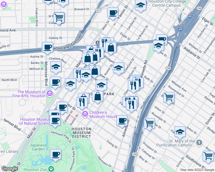 map of restaurants, bars, coffee shops, grocery stores, and more near 4919 La Branch Street in Houston