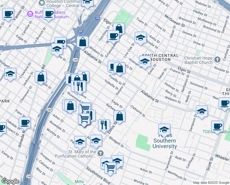 map of restaurants, bars, coffee shops, grocery stores, and more near 2715 Cleburne Street in Houston