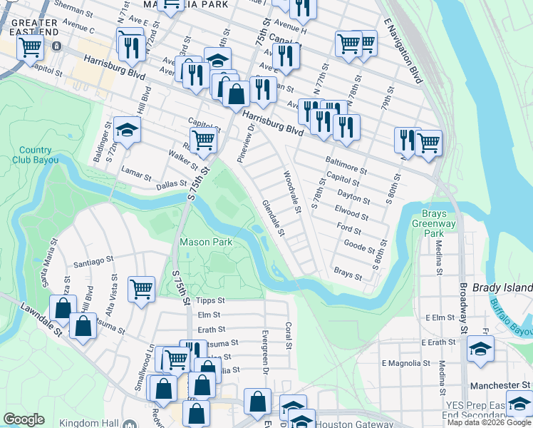 map of restaurants, bars, coffee shops, grocery stores, and more near 146 Glendale Street in Houston