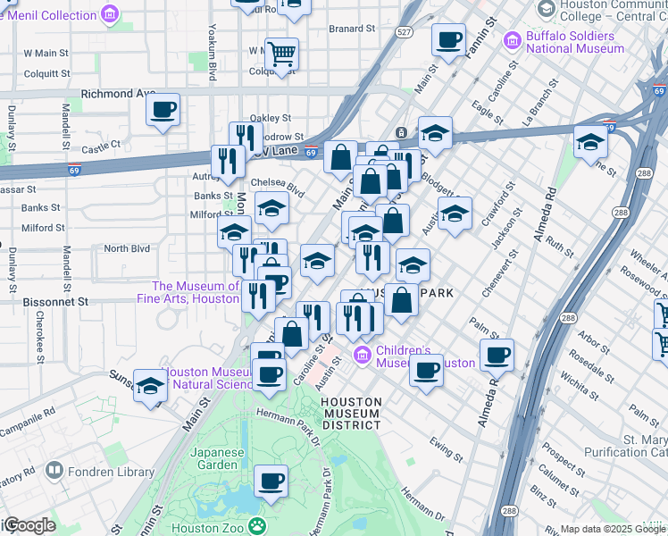 map of restaurants, bars, coffee shops, grocery stores, and more near 5253 Fannin Street in Houston