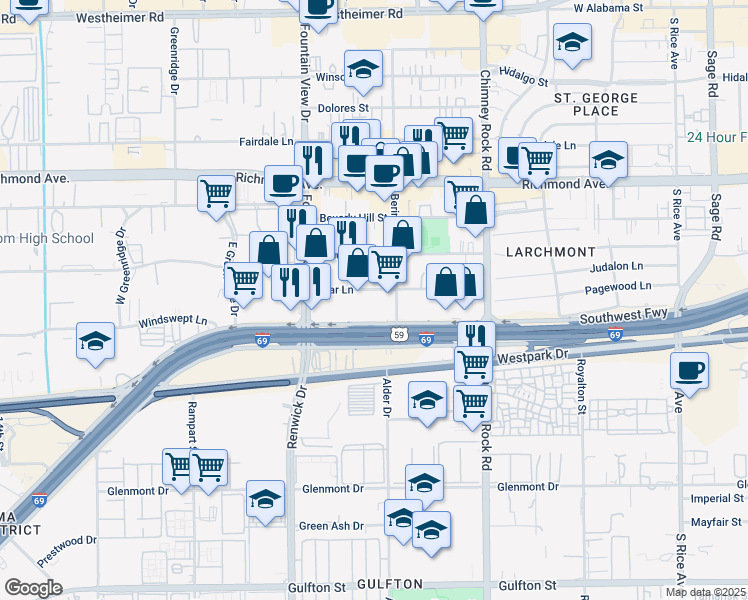 map of restaurants, bars, coffee shops, grocery stores, and more near 5807 Star Lane in Houston