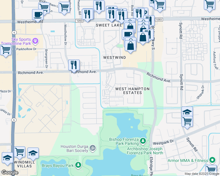 map of restaurants, bars, coffee shops, grocery stores, and more near 3104 Windchase Boulevard in Houston