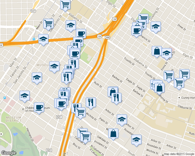 map of restaurants, bars, coffee shops, grocery stores, and more near 2208 Rosewood St in Houston