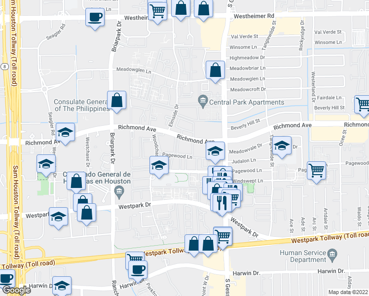 map of restaurants, bars, coffee shops, grocery stores, and more near 9707 Richmond Avenue in Houston
