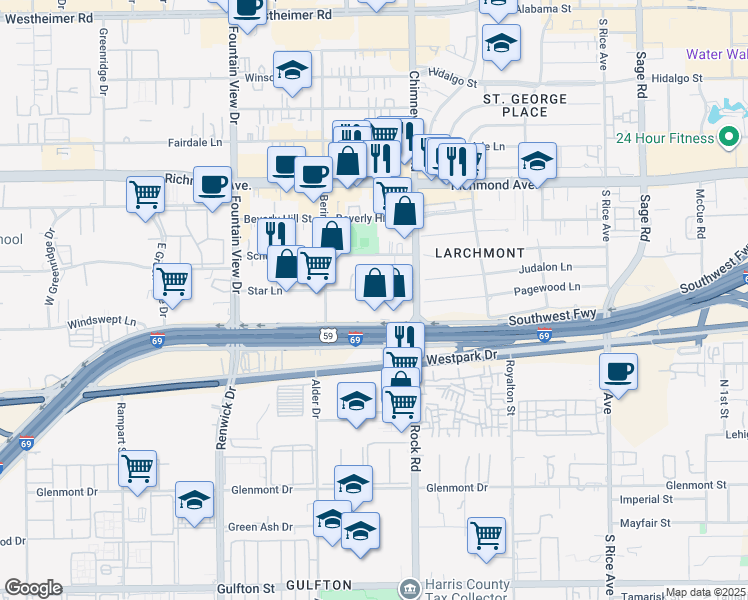 map of restaurants, bars, coffee shops, grocery stores, and more near 5625 Star Lane in Houston