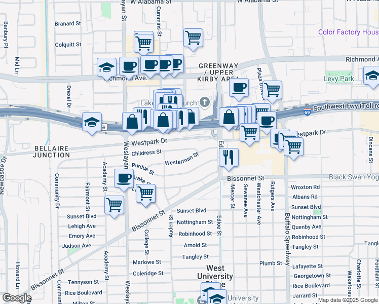 map of restaurants, bars, coffee shops, grocery stores, and more near 3743 Childress Street in Houston