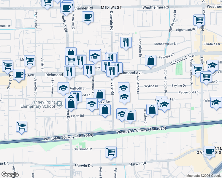 map of restaurants, bars, coffee shops, grocery stores, and more near 3504 Dunvale Road in Houston