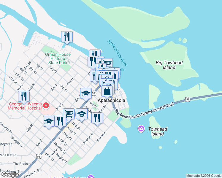 map of restaurants, bars, coffee shops, grocery stores, and more near 20 Avenue D in Apalachicola