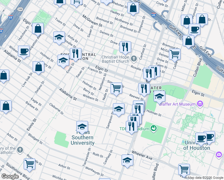map of restaurants, bars, coffee shops, grocery stores, and more near 3346 Reeves Street in Houston
