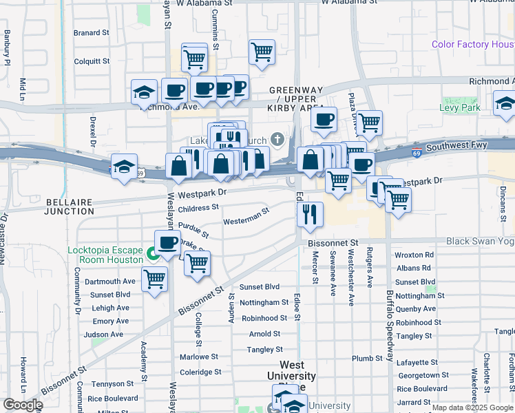 map of restaurants, bars, coffee shops, grocery stores, and more near 3743 Childress Street in Houston