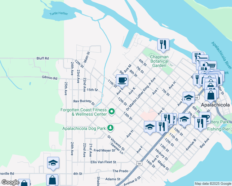 map of restaurants, bars, coffee shops, grocery stores, and more near 224 12th Street in Apalachicola