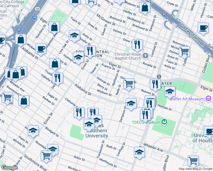 map of restaurants, bars, coffee shops, grocery stores, and more near 3263 Berry Street in Houston