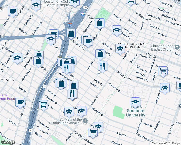 map of restaurants, bars, coffee shops, grocery stores, and more near 2702 Cleburne Street in Houston