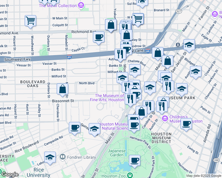 map of restaurants, bars, coffee shops, grocery stores, and more near 1104 Berthea Street in Houston
