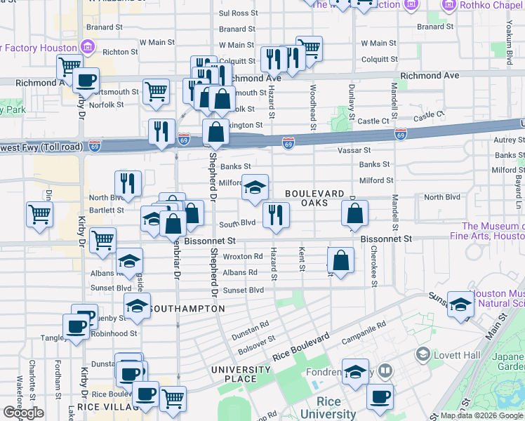 map of restaurants, bars, coffee shops, grocery stores, and more near 2020 South Boulevard in Houston