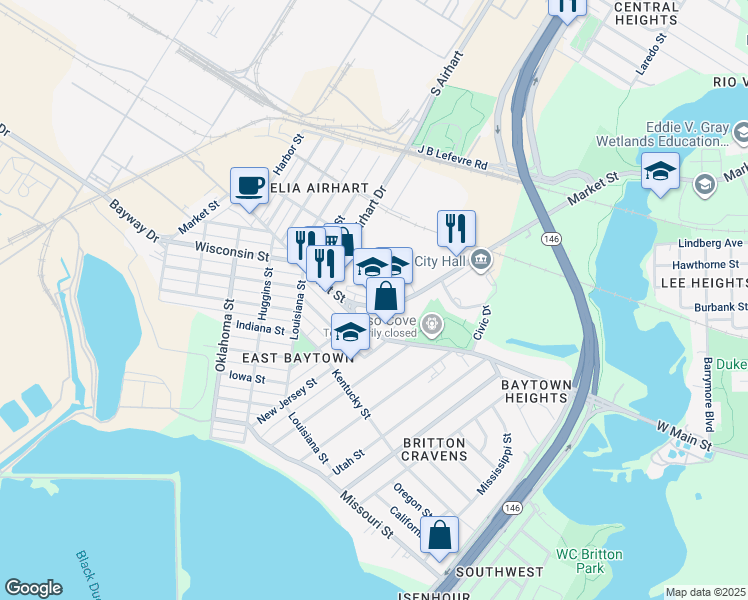 map of restaurants, bars, coffee shops, grocery stores, and more near 2700 Market Street in Baytown