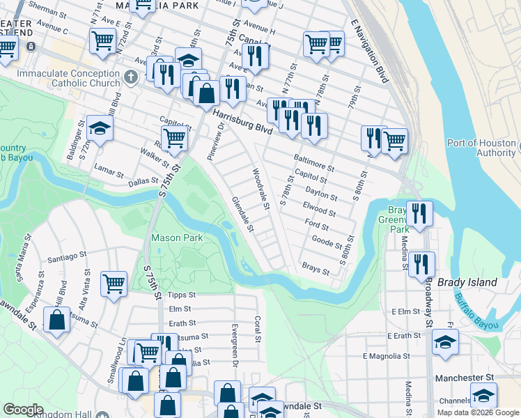 map of restaurants, bars, coffee shops, grocery stores, and more near 110 Glendora Street in Houston