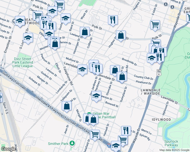 map of restaurants, bars, coffee shops, grocery stores, and more near 5420 Lawndale Street in Houston