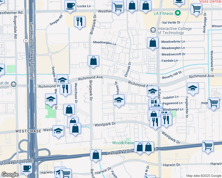 map of restaurants, bars, coffee shops, grocery stores, and more near 3400 Woodchase Drive in Houston