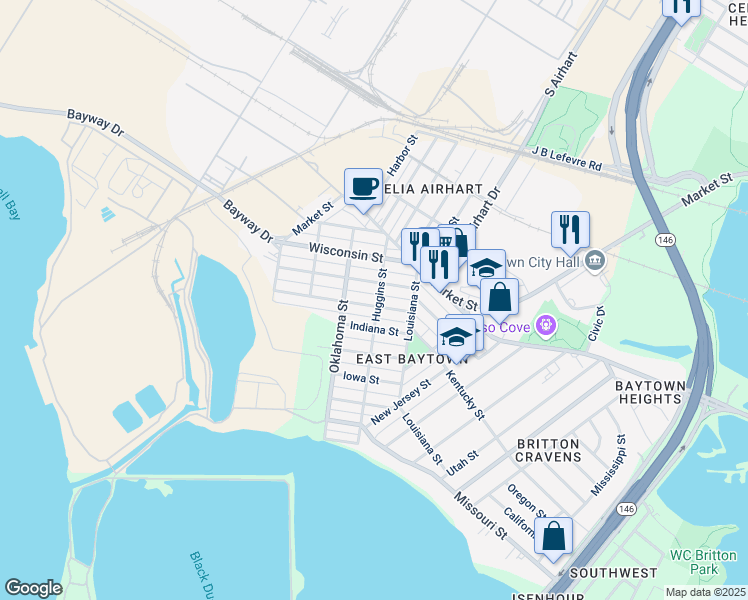 map of restaurants, bars, coffee shops, grocery stores, and more near 3202 Michigan St in Baytown
