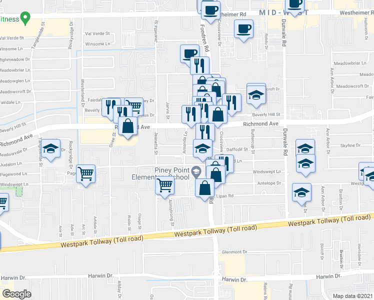 map of restaurants, bars, coffee shops, grocery stores, and more near 9002 Bellflower Street in Houston