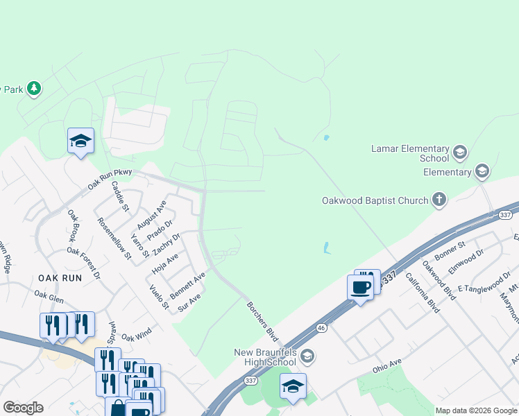 map of restaurants, bars, coffee shops, grocery stores, and more near 2332 Texas 46 in New Braunfels