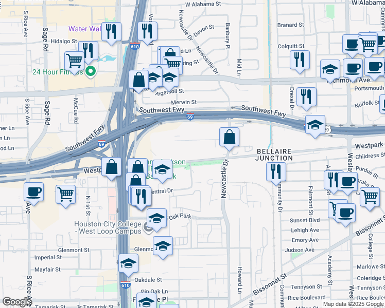 map of restaurants, bars, coffee shops, grocery stores, and more near 4700 Westpark Drive in Houston